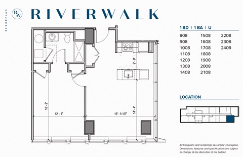 Floor plan for 1 bed, 1 bath, 779 sqft